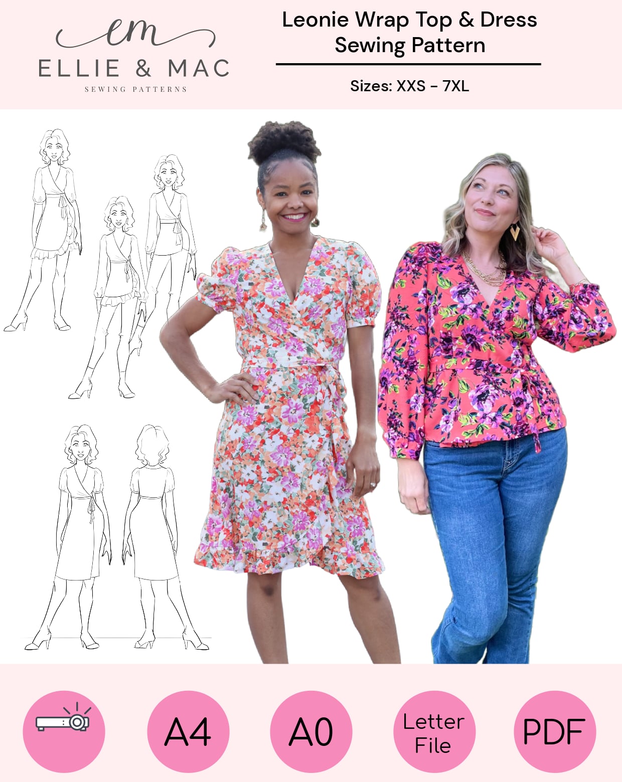 Ellie and Mac Sewing Patterns Leonie Wrap Top and Dress woven sewing pattern. This versatile PDF pattern is easy to use and includes A4, Letter, A0, and Projector files. It also includes a full sew along video tutorial. You'll love this new top.