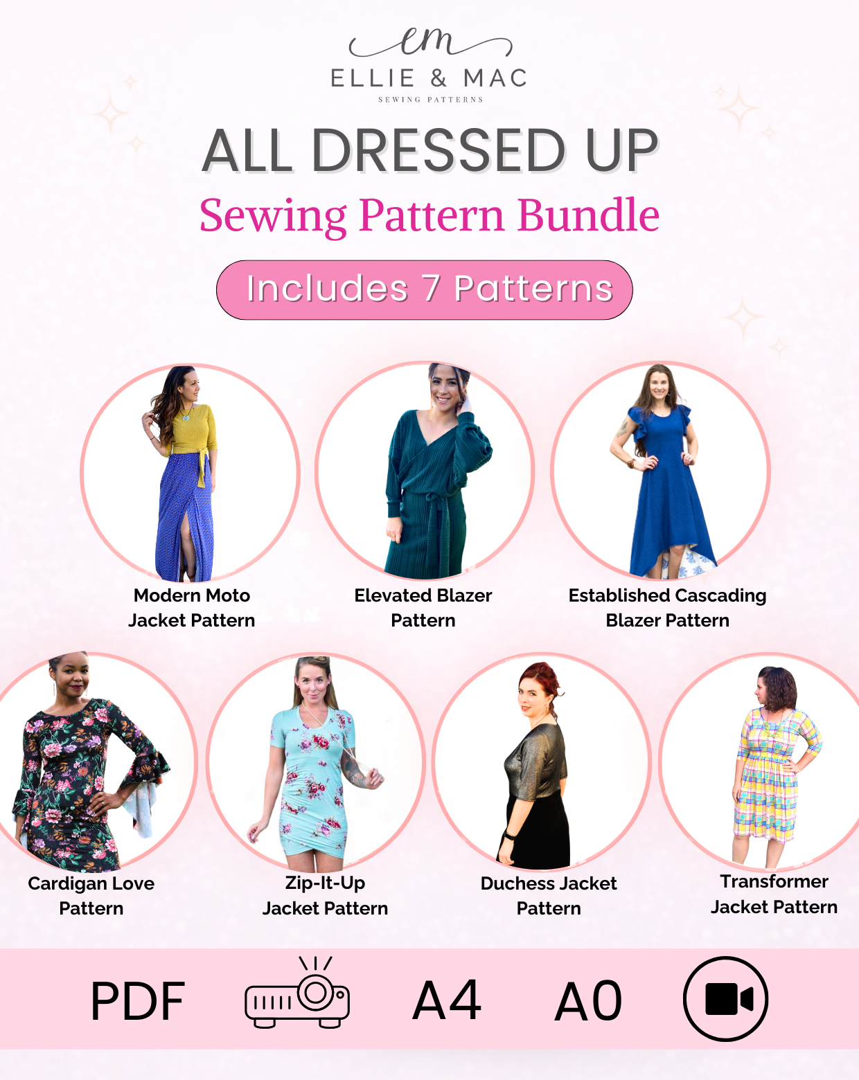 Sewing pattern bundle for women's clothing with various patterns and a brand logo.