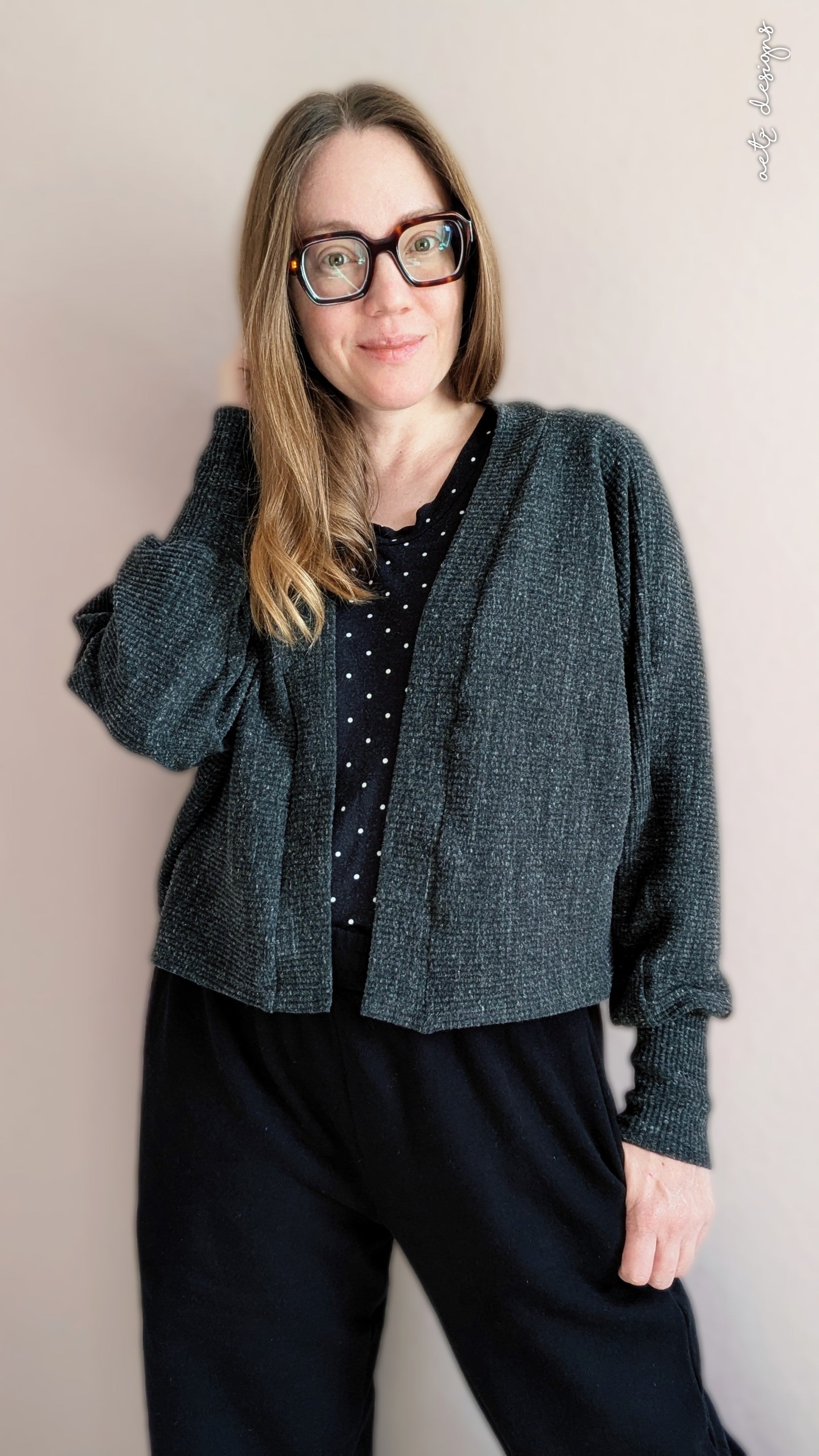 Make your own athleisure outfits using the Celeste Batwing Cardigan sewing pattern shown in crop length on a model.