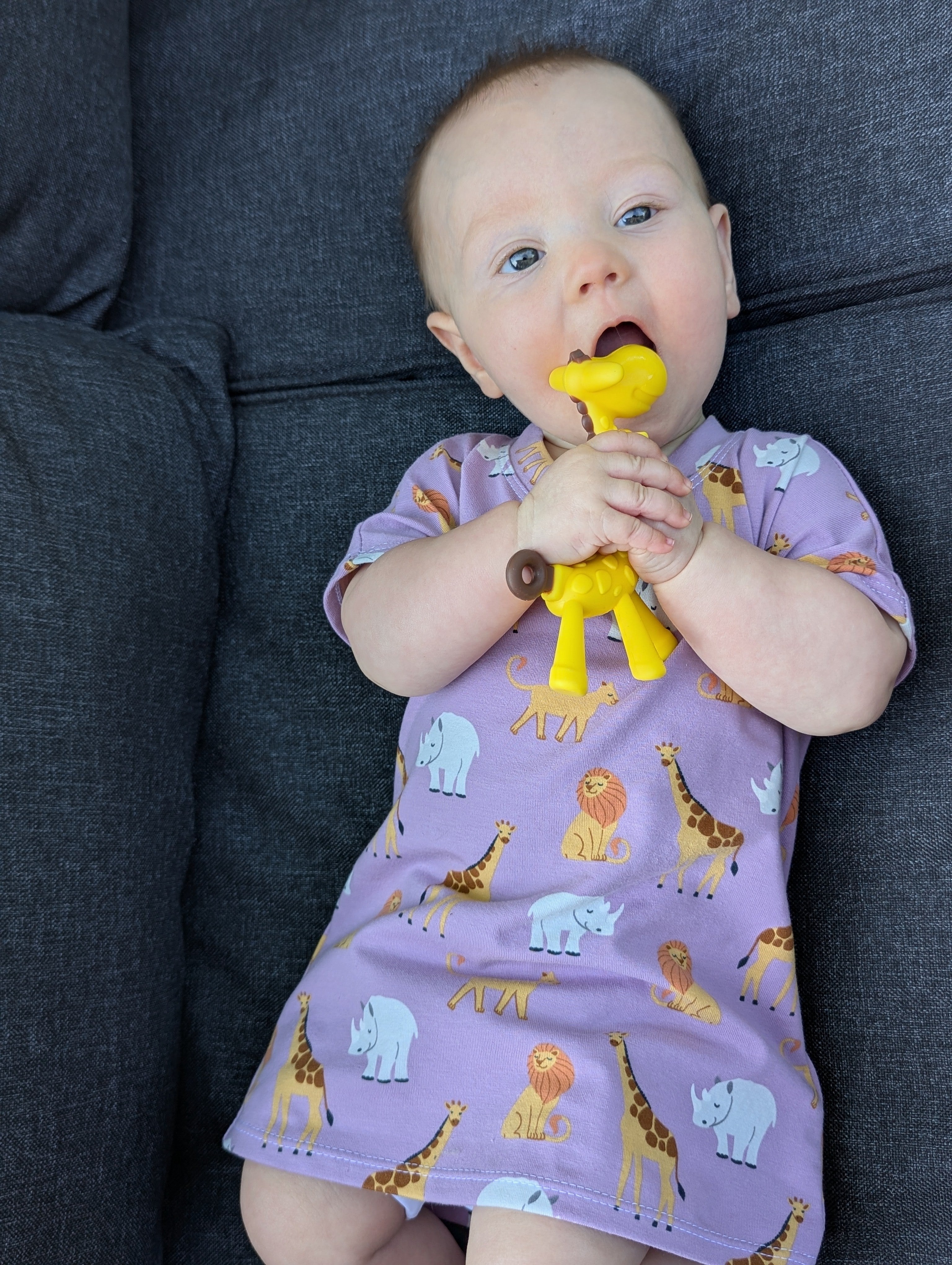 Baby wearing a purple dress with animal prints, holding a yellow teething toy on a gray couch. Dress was made using the Kayla Crop Top Sewing Pattern by Ellie and Mac sewing patterns.