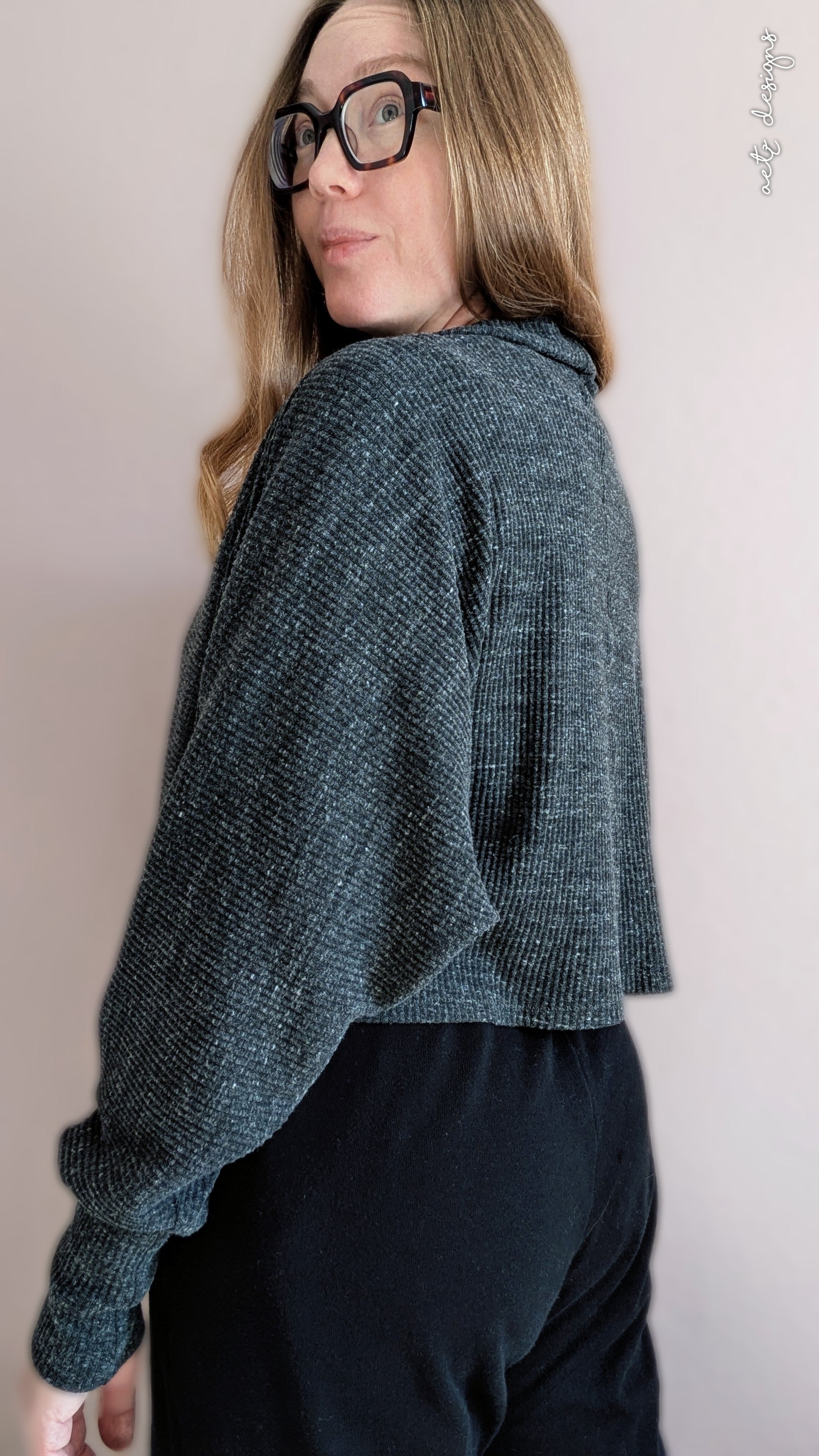 Crop back view of the Celeste Cardigan sewing pattern by Ellie and Mac pdf patterns. Award winning patterns.