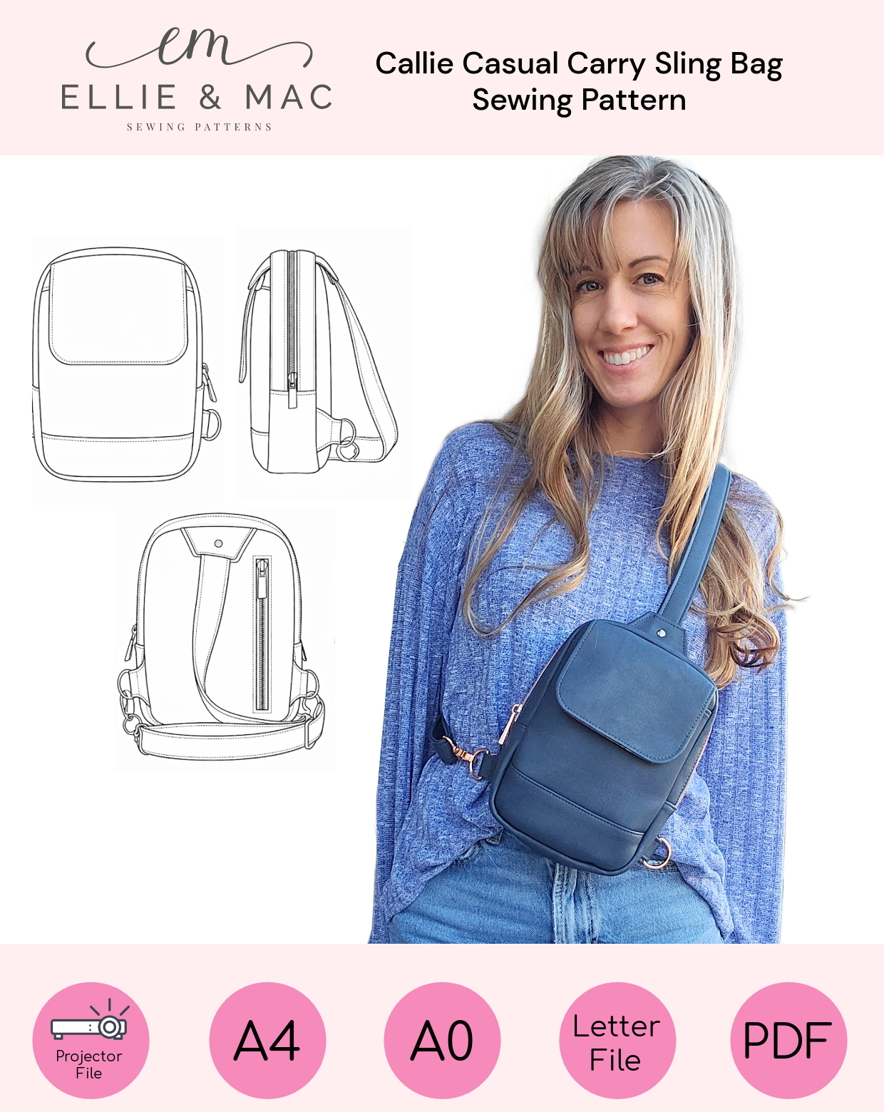 Sewing pattern for a Callie Casual Carry Sling Bag by Ellie & Mac, featuring a woman with a blue bag.