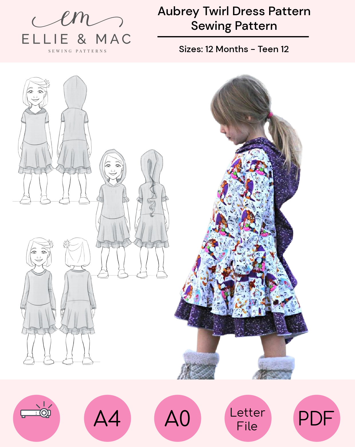 Kids Twirl layered skirt dress with optional hood and euro fairy hood. Easy knit fabric sewing pattern by Ellie and Mac sewing patterns. The image shows a girl modeling a long sleeve dress with purple sparkle spiral hood.