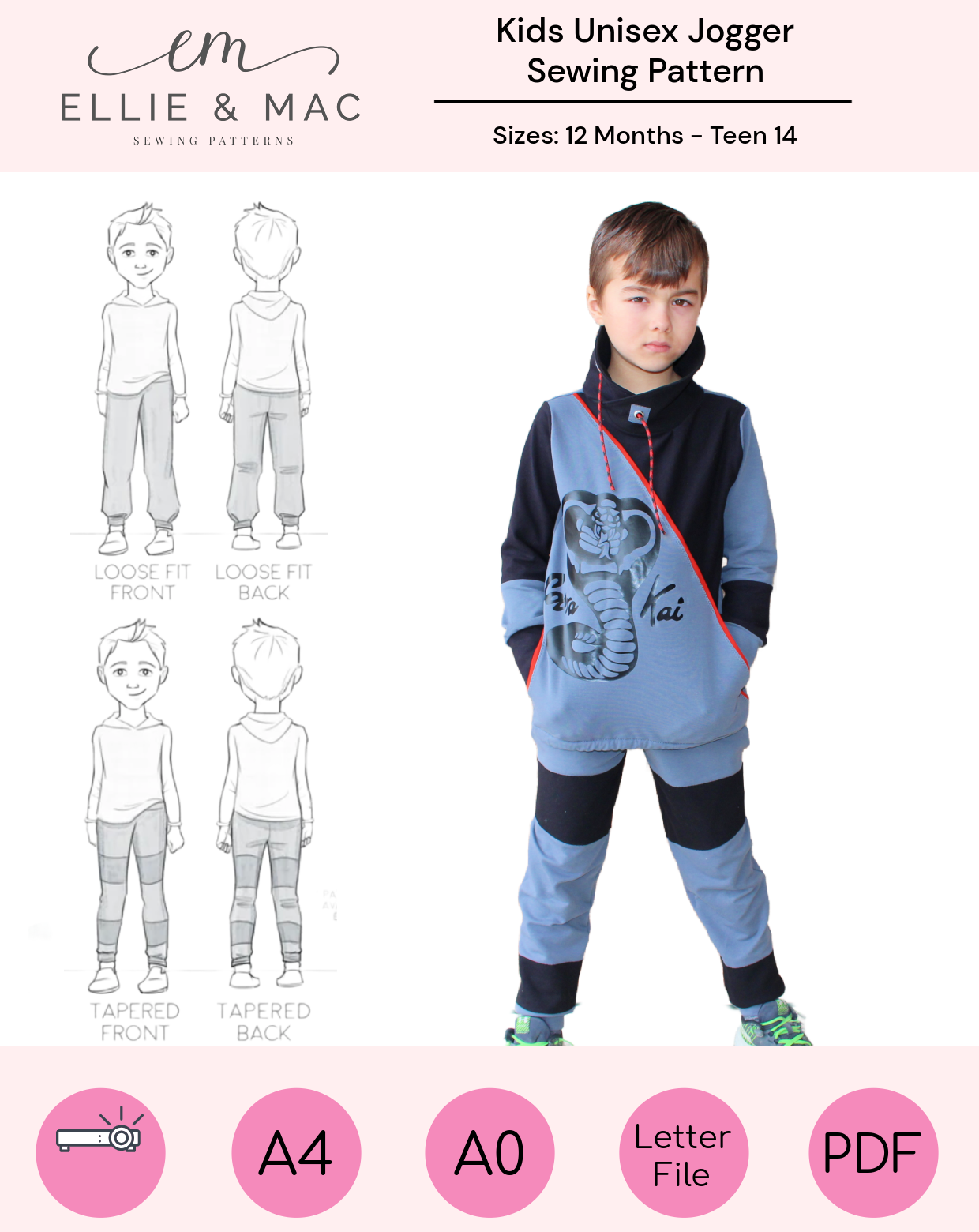 Kids unisex jogging pants sewing pattern with color block or solid options. Loose fit and tapered fit style options. Easy sewing patterns. PDF sewing pattern by Ellie and Mac Patterns.
