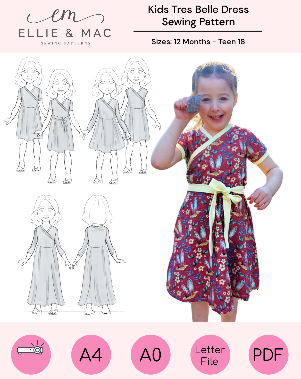 Easy Ellie and Mac PDF Sewing Pattern for a kids dress that features 1/2 circle skirt, gathered skirt, or full circle skirt. Tank, long Sleeve, short banded sleeve, and 3/4 sleeve.  Optional sash with a cute faux wrap bodice. Maxi length option. Side seam pockets. Easy sewing pattern for beginners. Includes A0, A4, Letter, and Projector files with a sew along video tutorial.