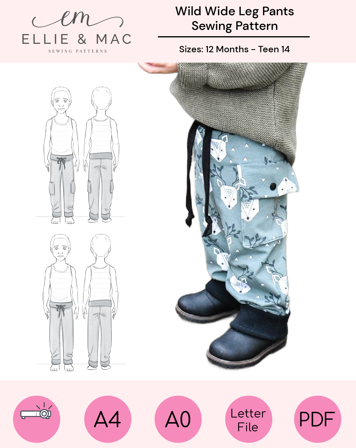 Easy boys knit pants sewing pattern with cargo pocket. Boy modeling deer print knit fabric pants with black cuffs and drawstring. Beginner sewing patterns.