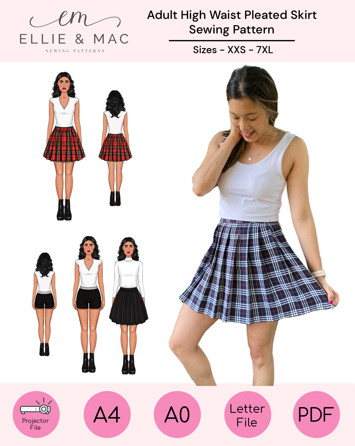 Adult High Waist Pleated Skirt Sewing Pattern