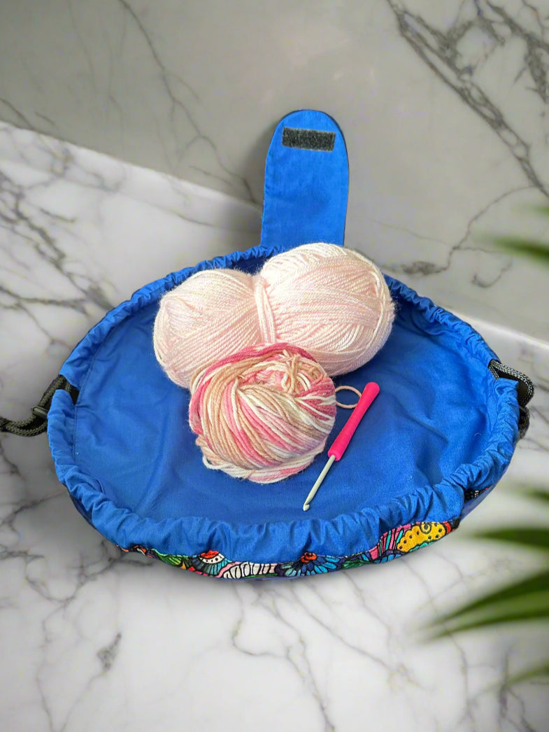 Open blue cotton fabric moon drawstring bag. Easy to sew bag pattern. Best PDF Patterns. Craft sewing.