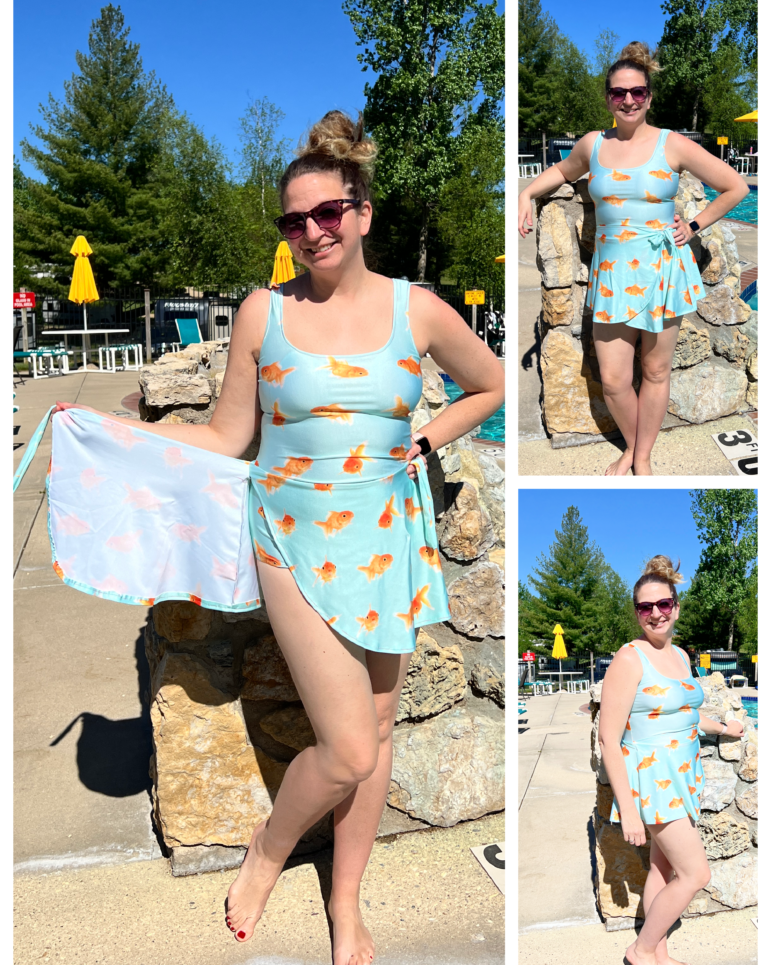Swim dress with attached swim skirt. Great for vacation and water parks.