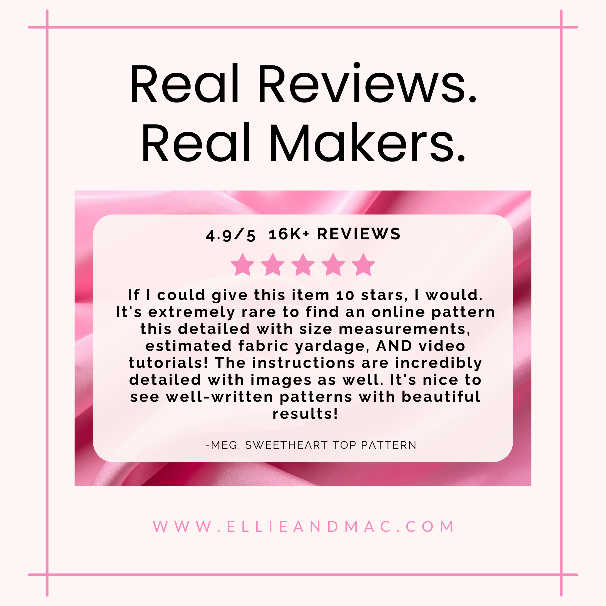 Ellie and Mac Sewing patterns review with a 4.9/5 rating and text praising the item on a pink and white background.