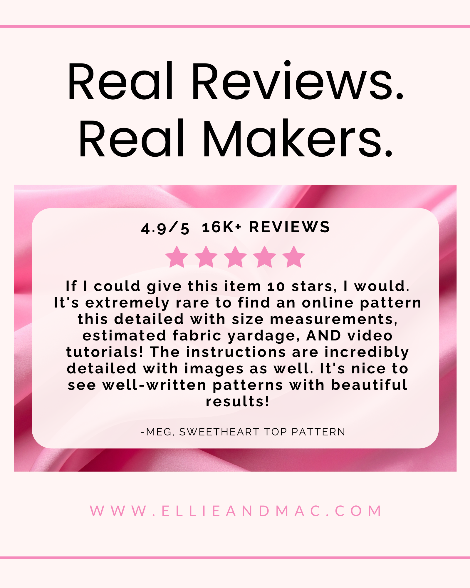 Ellie and Mac Sewing patterns review with a 4.9/5 rating and text praising the item on a pink and white background.
