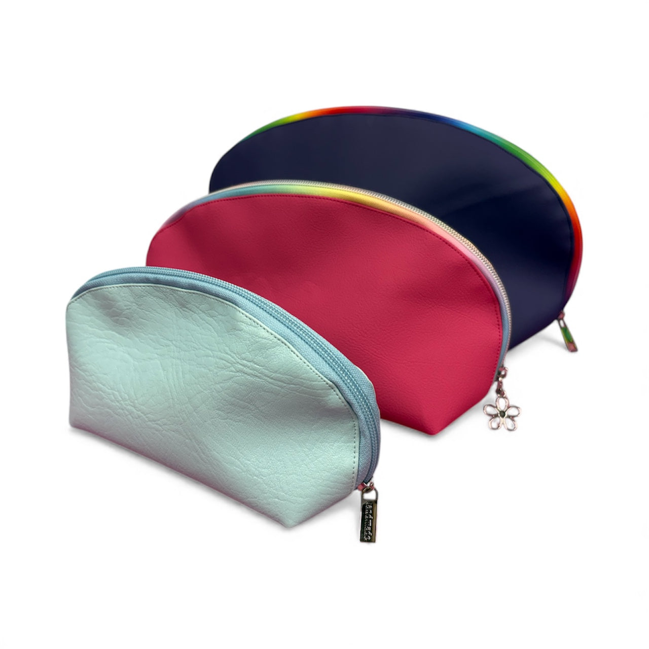 Three colorful zippered pouches on a white background