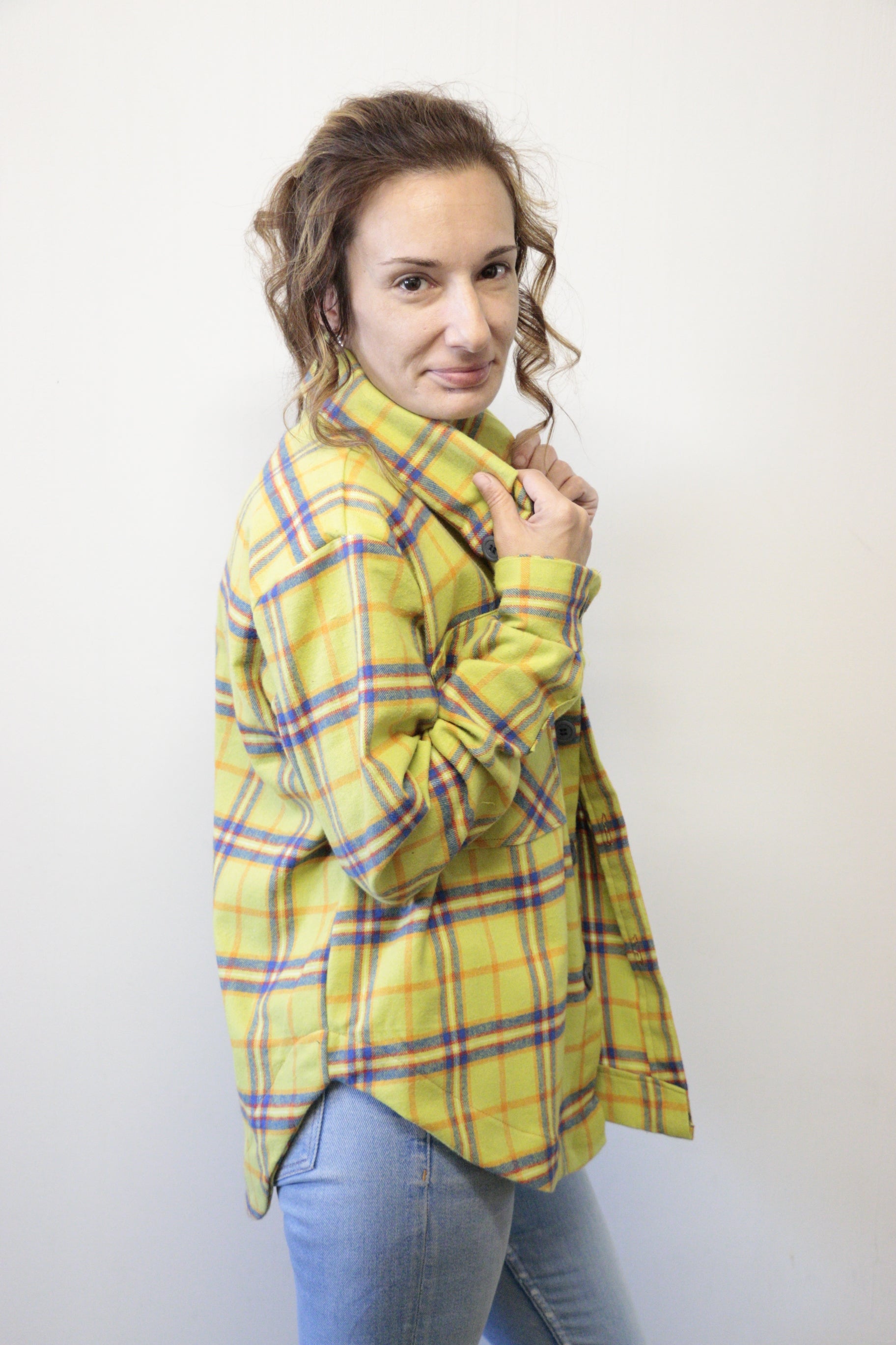 Easy pdf sewing pattern for a flannel shacket with curved hem.