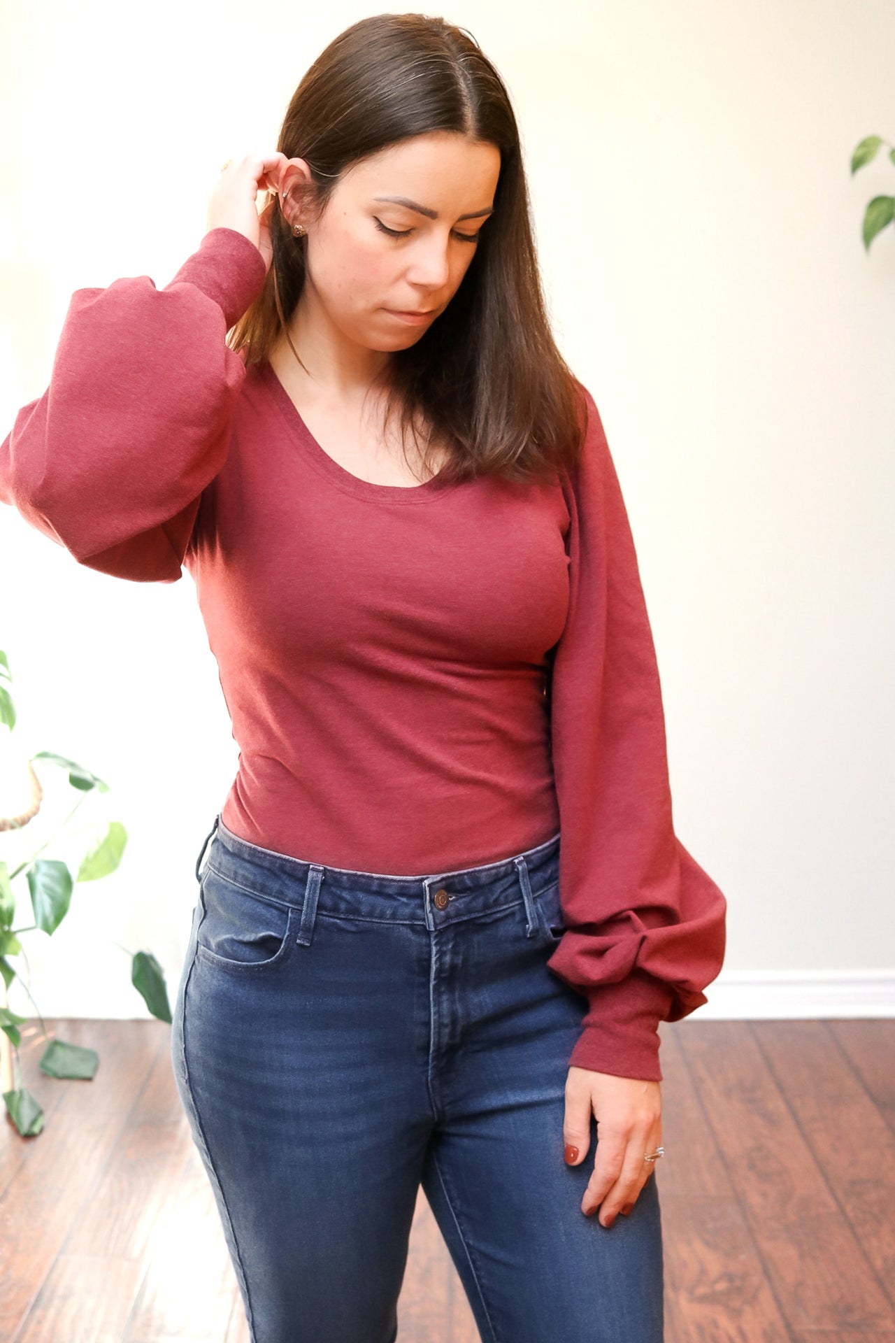 Bishop sleeve sewing pattern by Ellie and Mac Sewing Patterns in cotton lycra fabric.