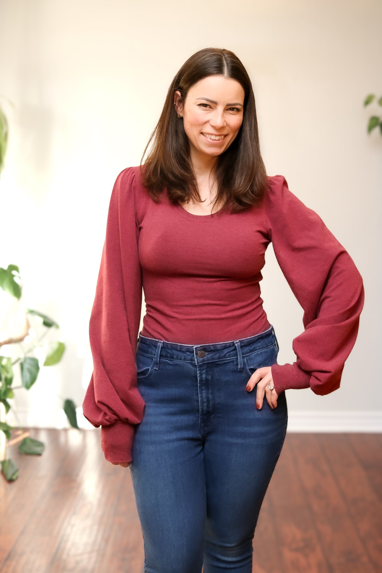 Bishop sleeve sewing pattern by Ellie and Mac Sewing Patterns in bamboo lycra fabric. Easy PDF sewing patterns. Video Tutorial and projector file included.