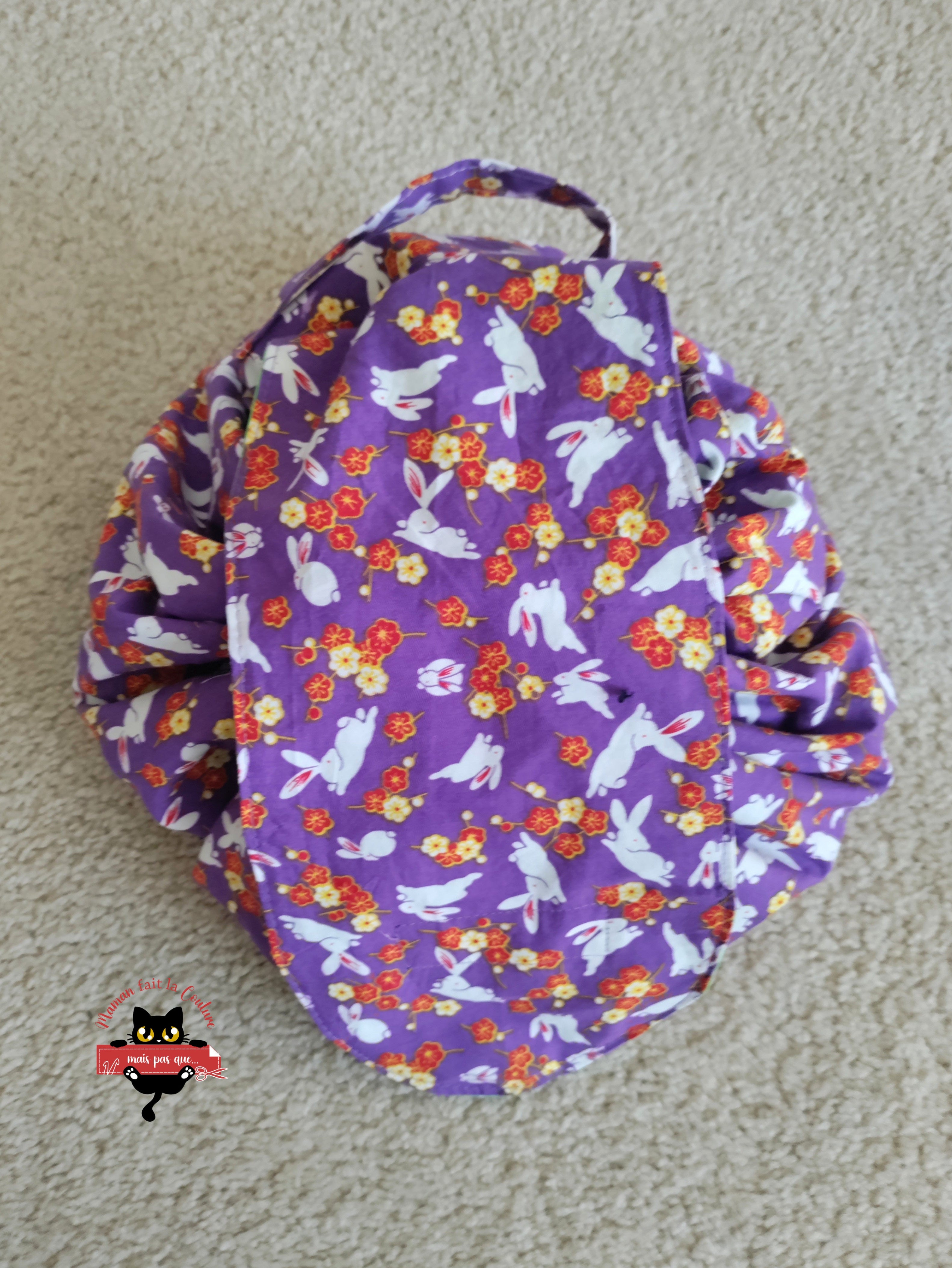 Woven bunny print fabric Moon Drawstring Bag. Great for traveling, craft storage, picnics, kids toys, and more.
