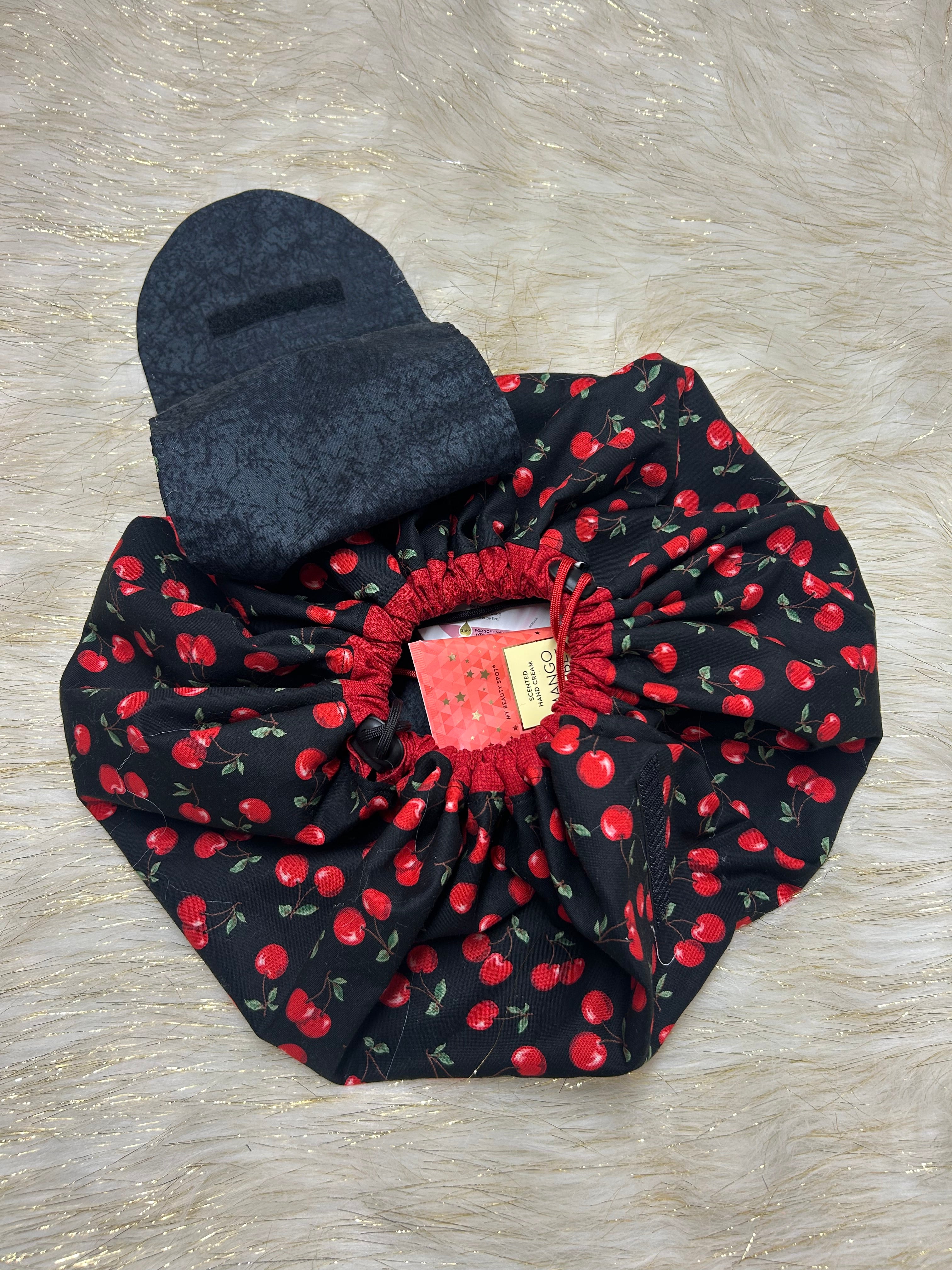 Cherries Moon Drawstring Bag. Quick Sewing Pattern for travel, picnics, kids toys, craft storage, and more. PDF sewing pattern. Sew easy craft projects to sell.