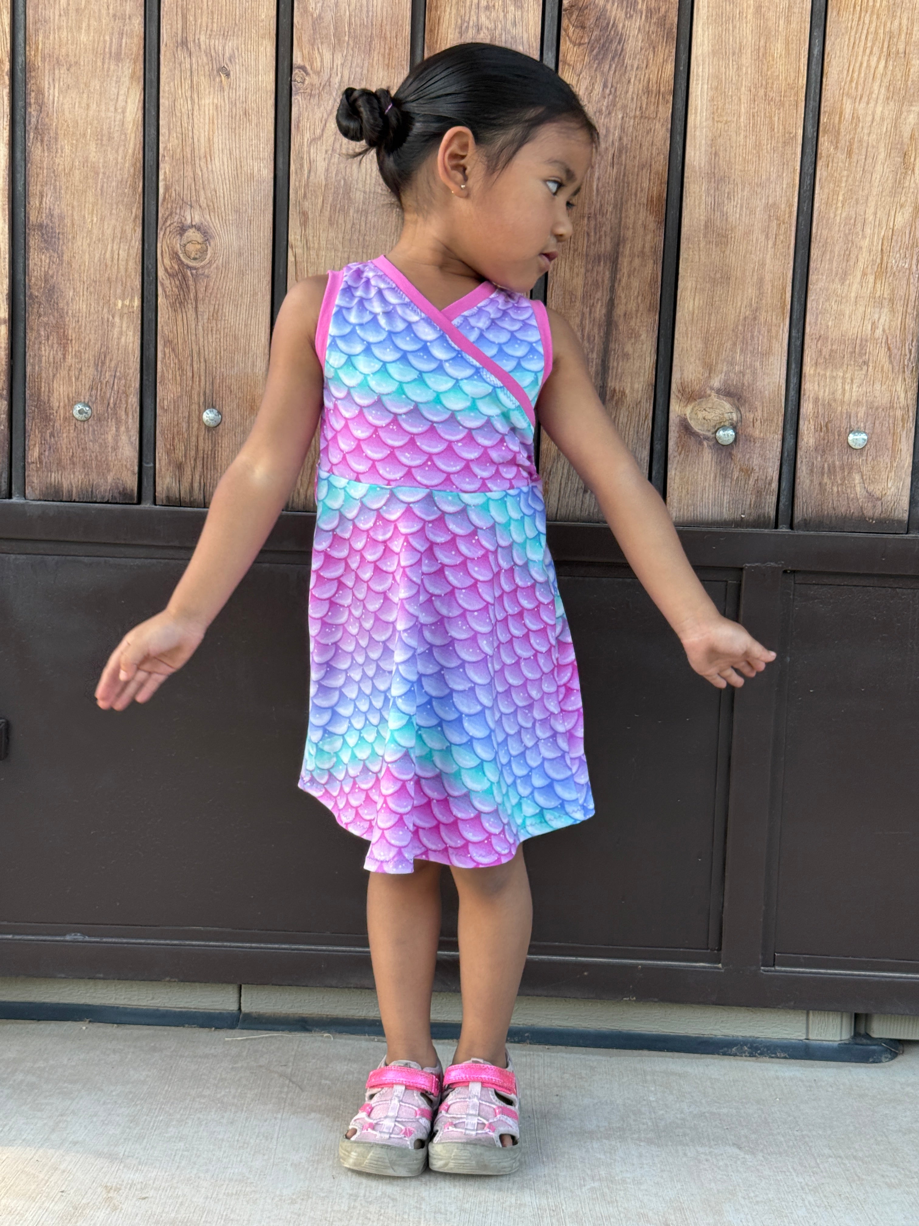 mermaid scales knit fabric for girls tank dress. Easy sewing pattern by Ellie and Mac Sewing Patterns.