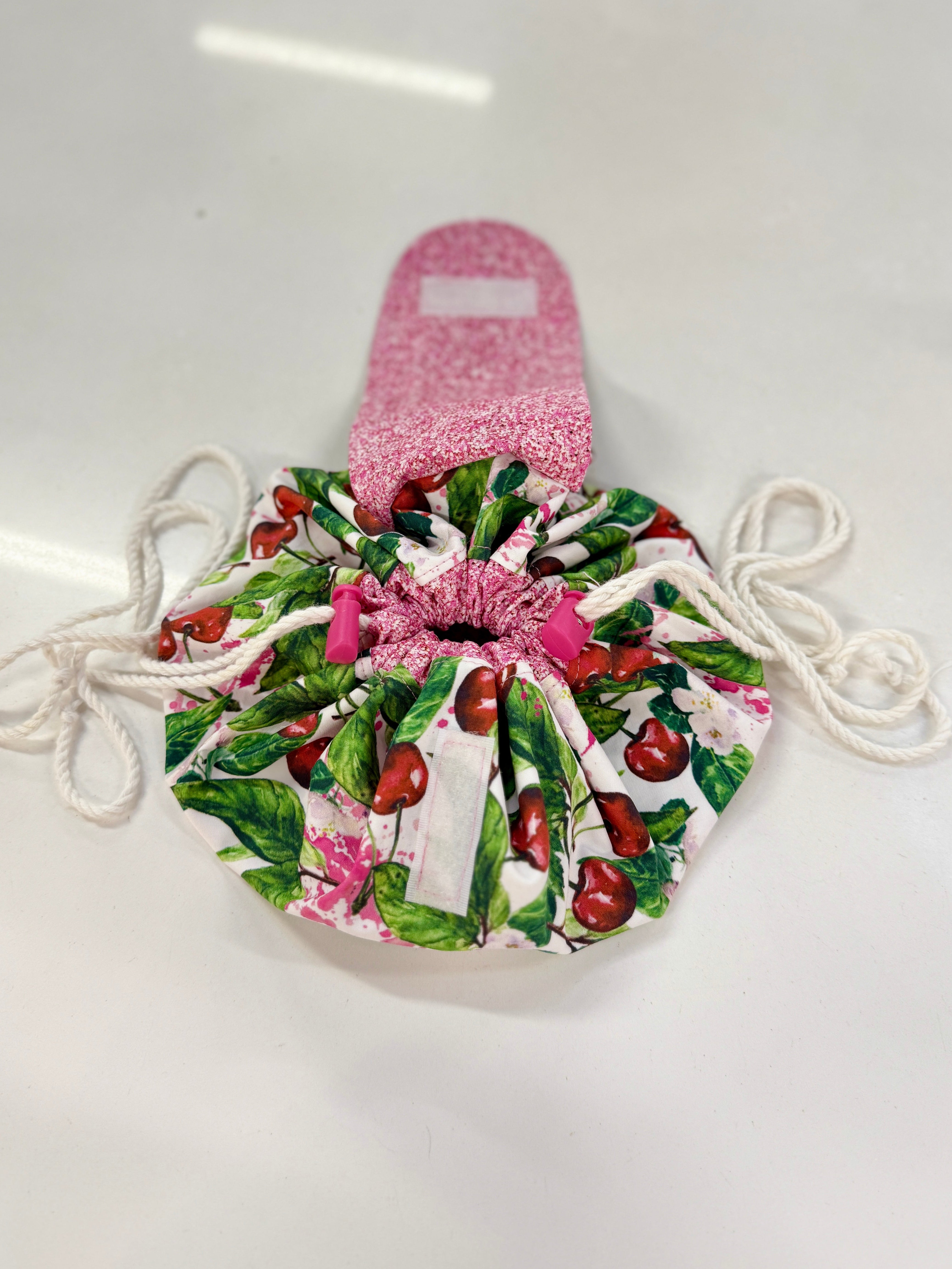 cherry print fabric moon drawstring bag sewing pattern. easy pdf craft project.