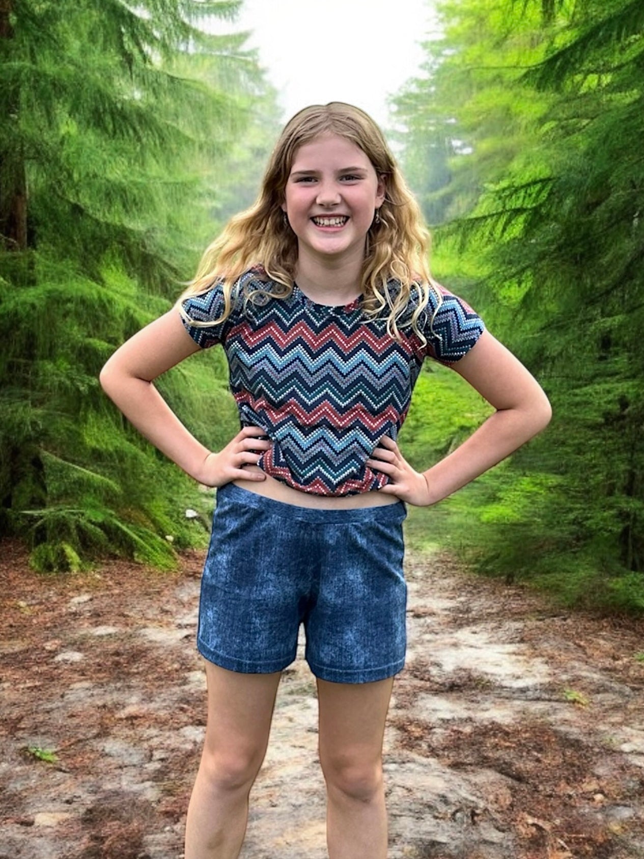 Young girl standing in a forest wearing a patterned top and blue shorts.