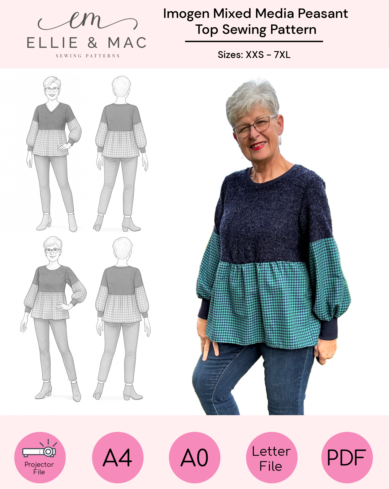 Sewing pattern for 'Imogen Mixed Media Peasant Top' by Ellie & Mac with a model wearing the top. Includes A0 copy shop print file, A4 print file, Letter print file, projector sewing file, video sew along tutorial, color photo step-by-step instruction manual.