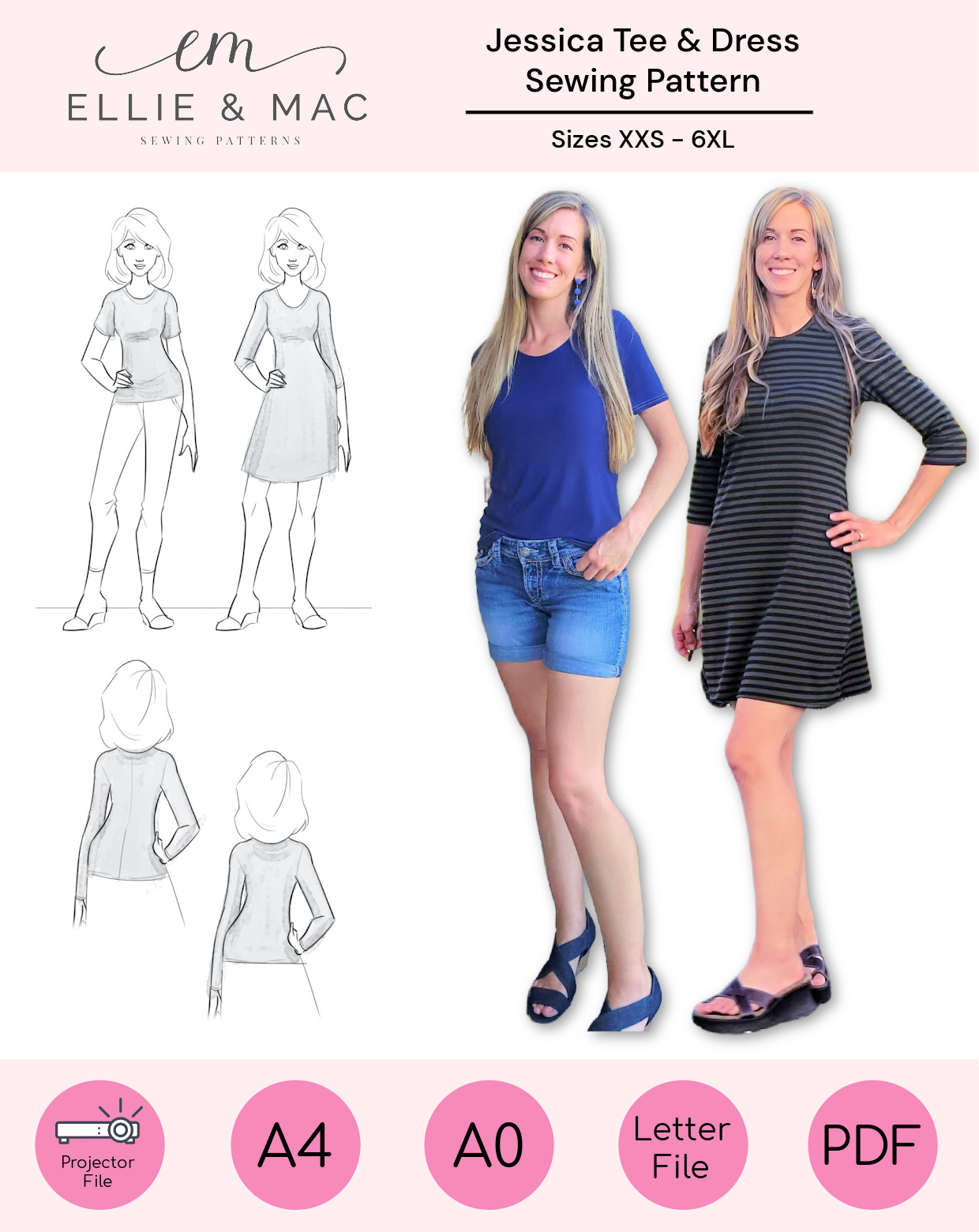 Sewing pattern cover image for the Jessica Tee & Dress Pattern by Ellie and Mac featuring sketched outlines of the garments, a photo of a model wearing the clothes, and size options XXS to 6XL displayed. Easy pdf pattern
