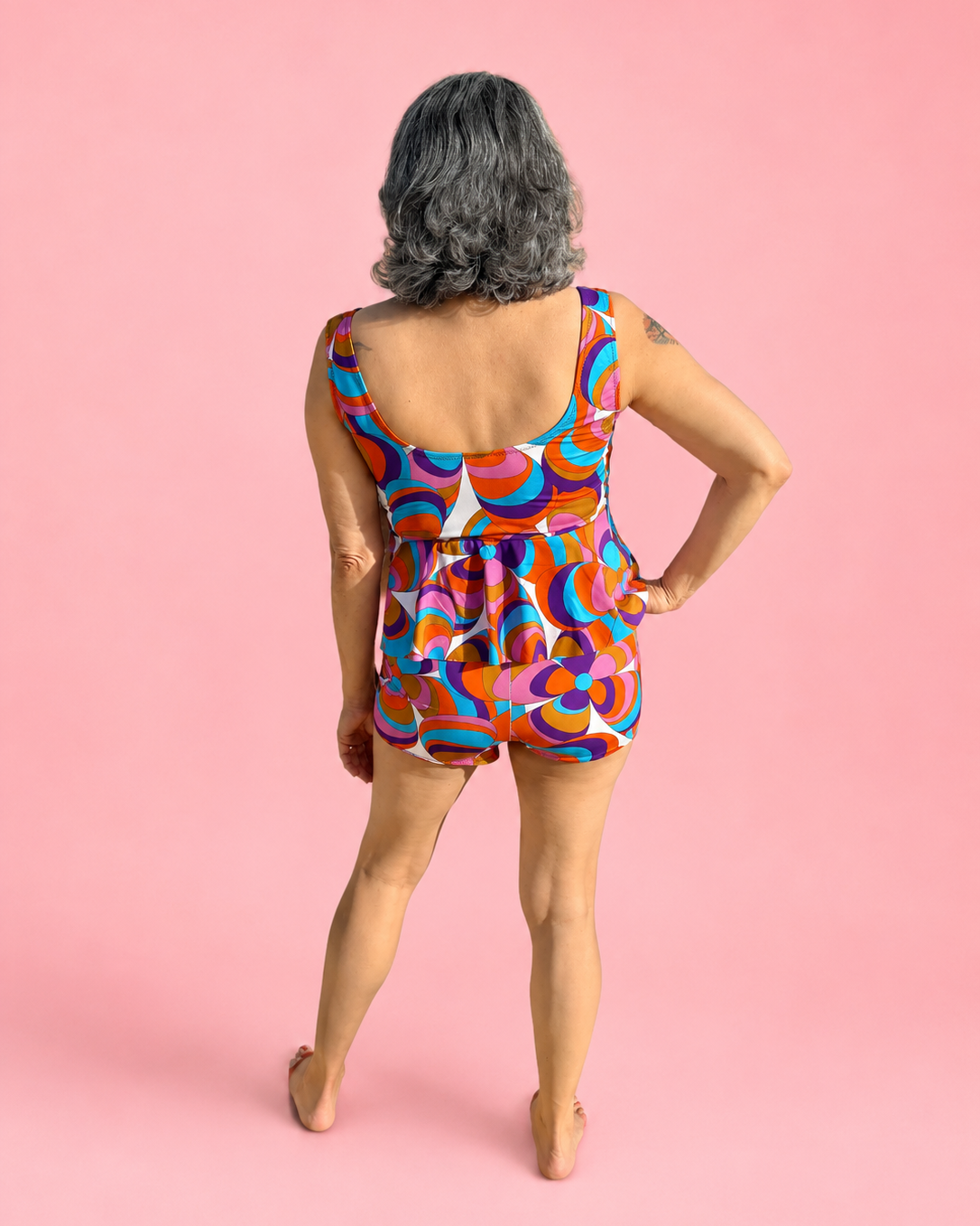 Modest Tankini and Ruched Shorts sewing pattern by Ellie and Mac PDF sewing patterns. Sizes xxs - 6xl included. Projector file, A0 file, A4 print file, Letter print file, video sew along tutorial, color photo step-by-step instructions, and fit alteration instructions included.