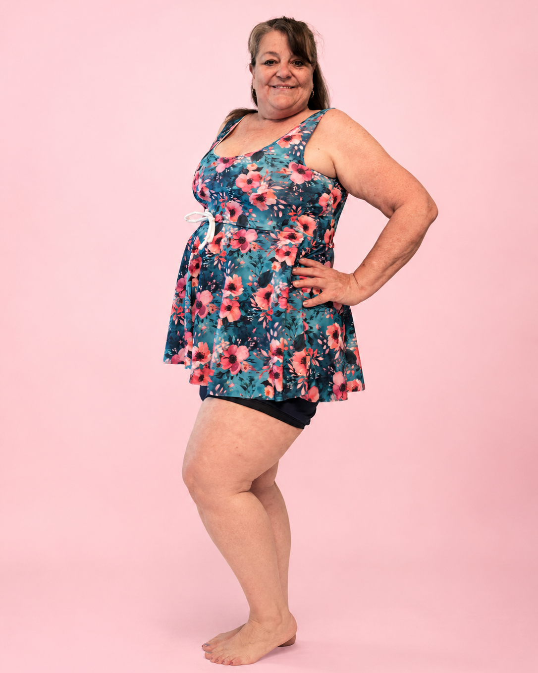 Modest Tankini and Ruched Shorts sewing pattern by Ellie and Mac PDF sewing patterns. Sizes xxs - 6xl included. Projector file, A0 file, A4 print file, Letter print file, video sew along tutorial, color photo step-by-step instructions, and fit alteration instructions included.