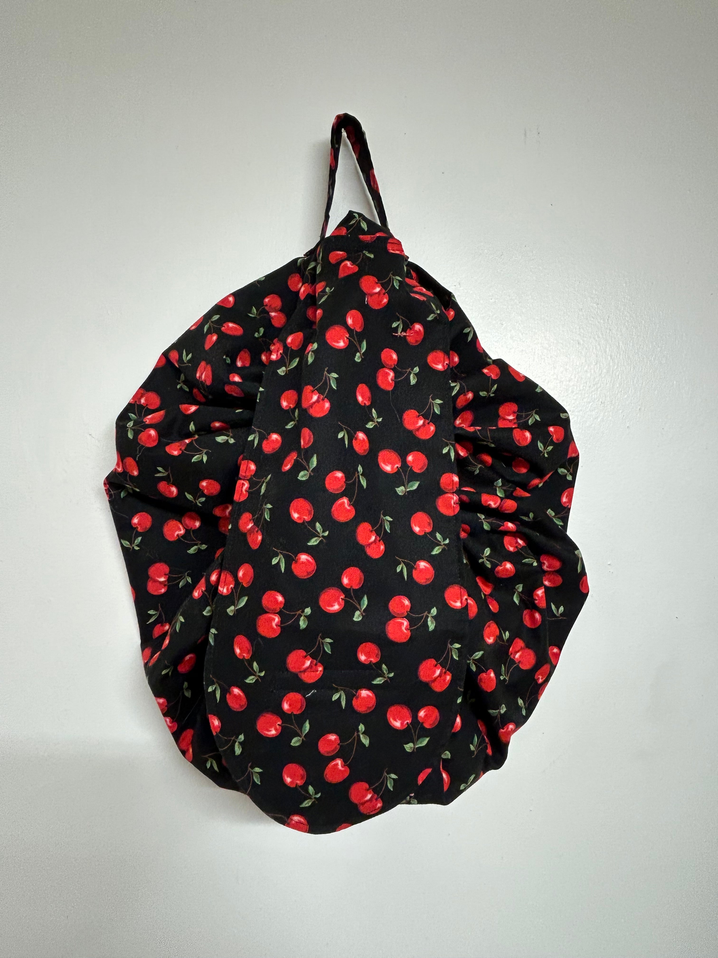 Cherries Moon Drawstring Bag. Beginner Sewing Pattern for travel, picnics, kids toys, craft storage, and more. PDF sewing pattern. Sew easy craft project.