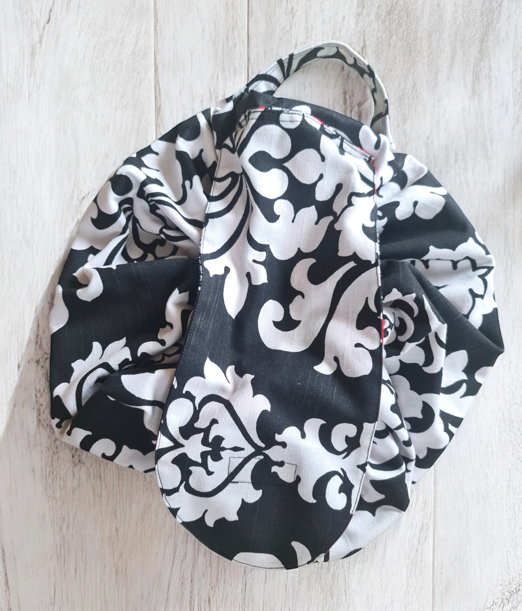Black damask fabric moon drawstring bag. Bag sewing tutorial. Sewing idea.