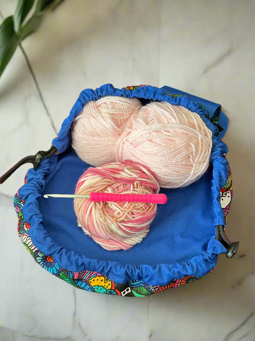 Open blue cotton fabric moon drawstring bag. Crochet project bag. Best PDF Patterns. Craft sewing.