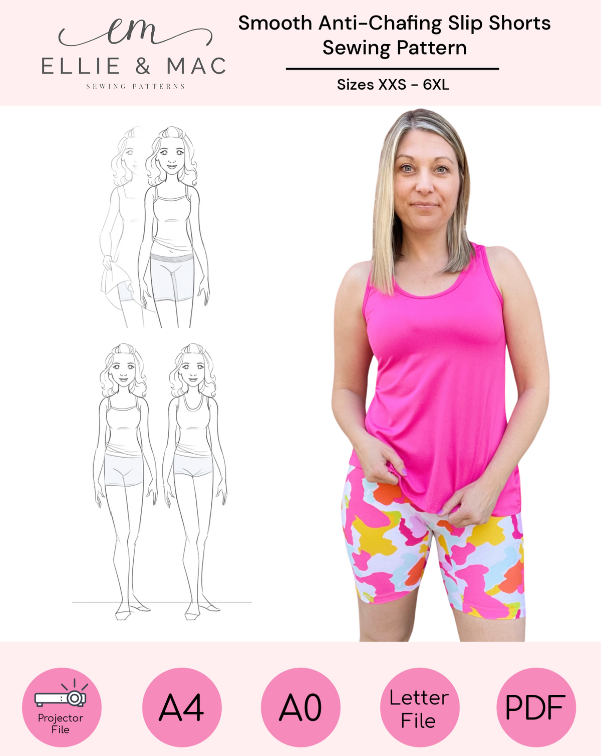 Smooth Anti-Chaffing Slip Shorties sewing pattern for beginners and advanced sewists alike. They feature three length options and low and high rise options. Quick and easy sewing project!