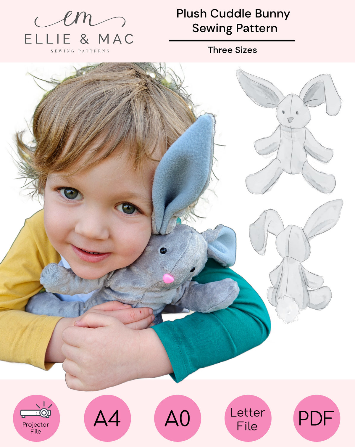 Plush Cuddle Bunny PDF sewing craft pattern by Ellie and Mac Patterns