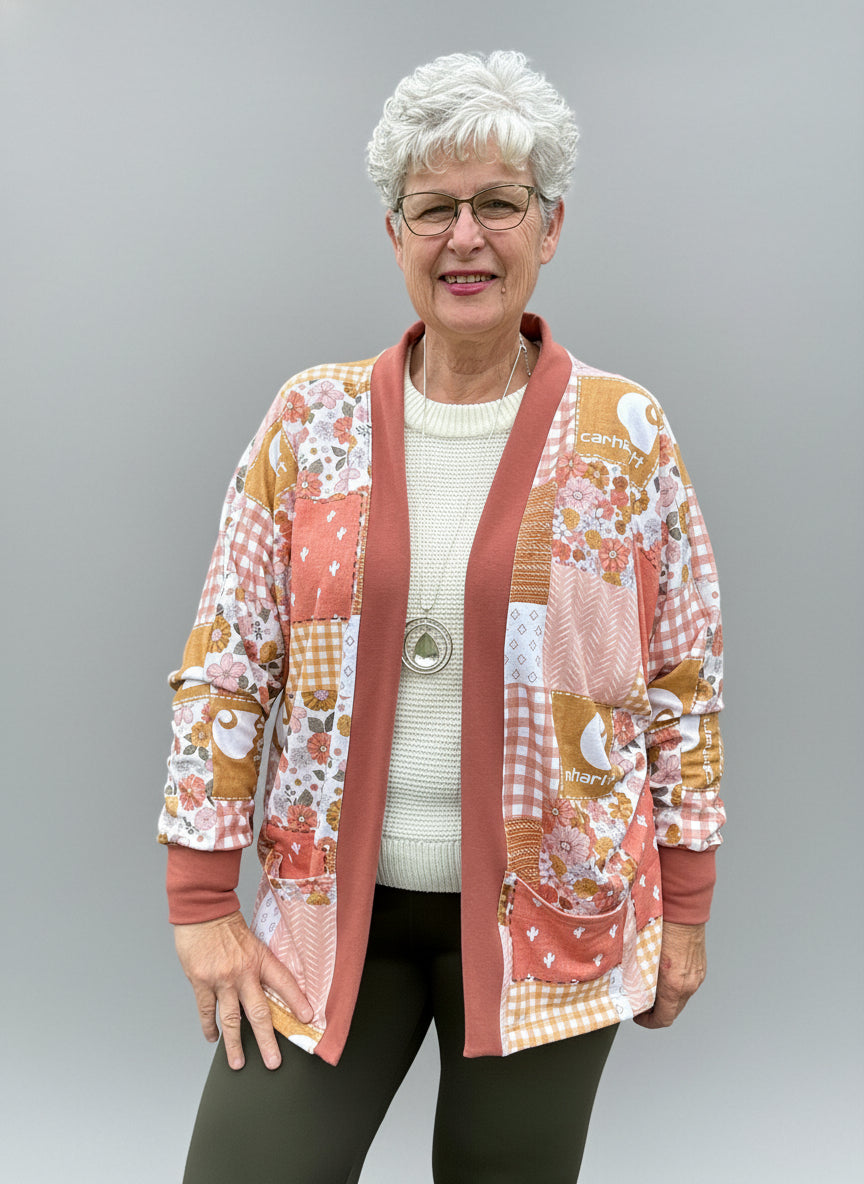Woman modeling a weekend outfit idea featuring the Celeste cardigan pattern. handmade clothing style ideas.