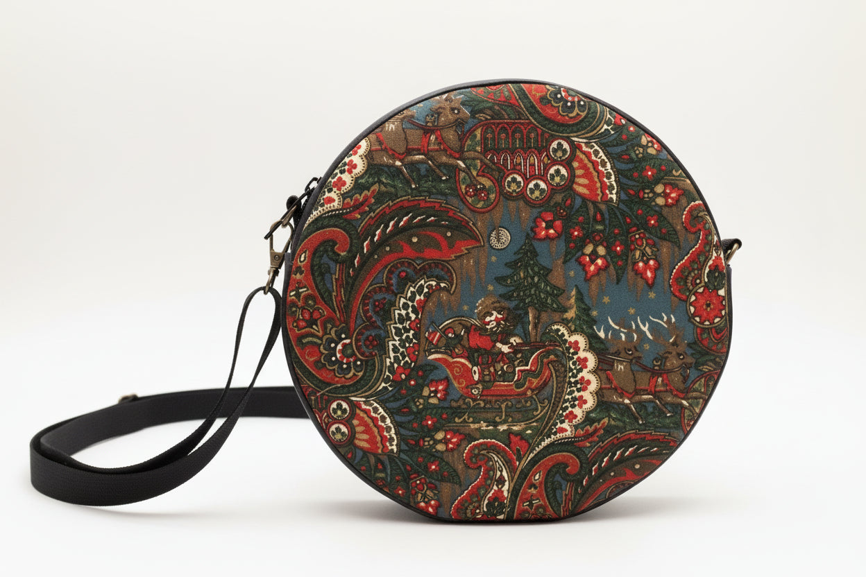 Round bag with intricate pattern on a light gray background. DIY bag.