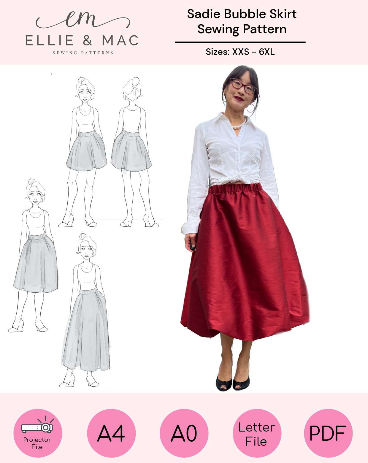 Ellie & Mac Sadie Bubble Skirt sewing pattern with a model wearing a red skirt made from taffeta fabric and pattern diagrams. Includes a projector file, A0 copy shop file, letter and A4 print file, and PDF color photo step-by-step instructions. Easy for beginner sewists. Quick sewing project.