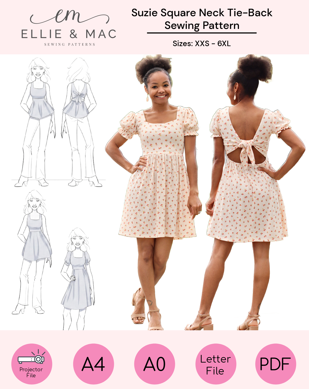 Suzie Square Neck Tie-Back Top & Dress Sewing Pattern
