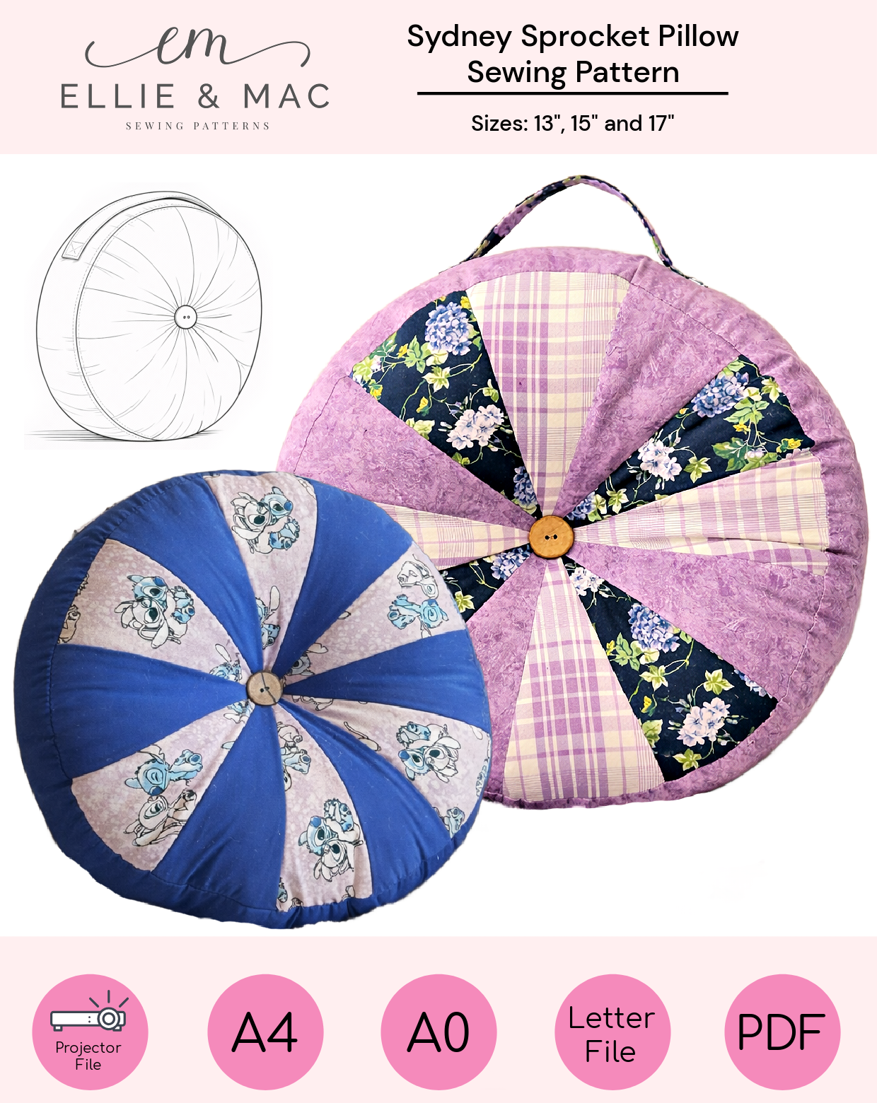 Sydney Sprocket Pillow sewing pattern with two completed pillows and pattern illustration on a white background. Digital PDF sewing pattern. Instant download pattern by Ellie & Mac sewing patterns.