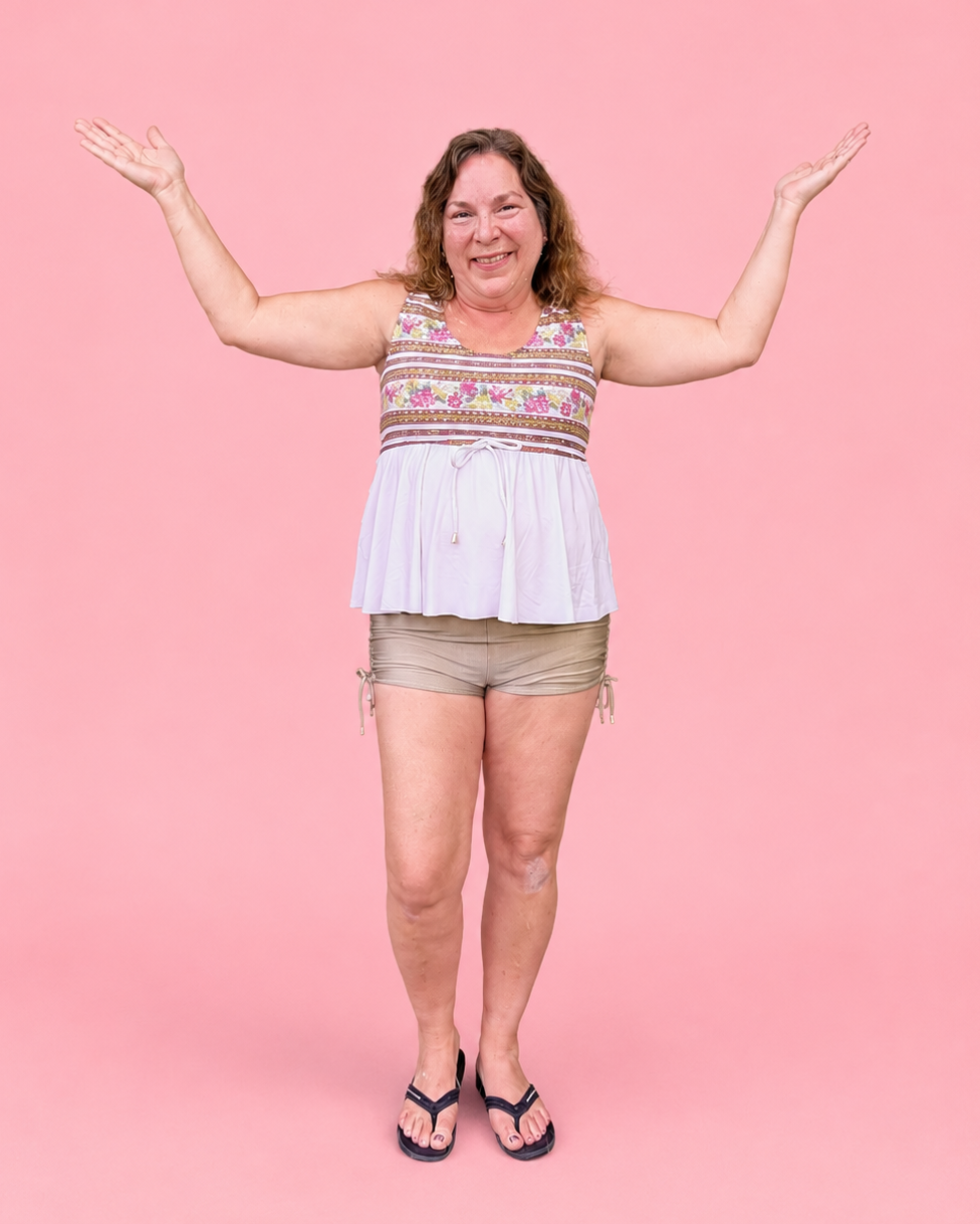 Modest Tankini and Ruched Shorts sewing pattern by Ellie and Mac PDF sewing patterns. Sizes xxs - 6xl included. Projector file, A0 file, A4 print file, Letter print file, video sew along tutorial, color photo step-by-step instructions, and fit alteration instructions included.