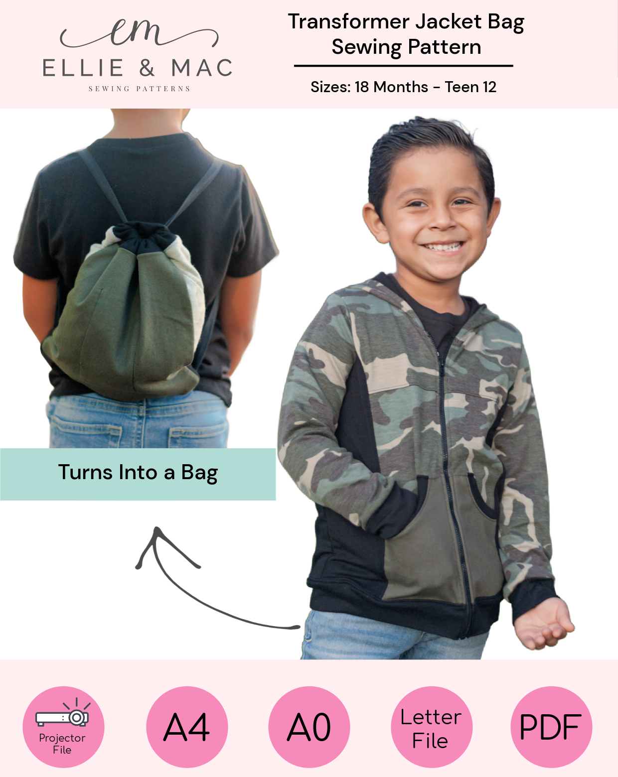 Kids Transformer Jacket Bag Sewing Pattern