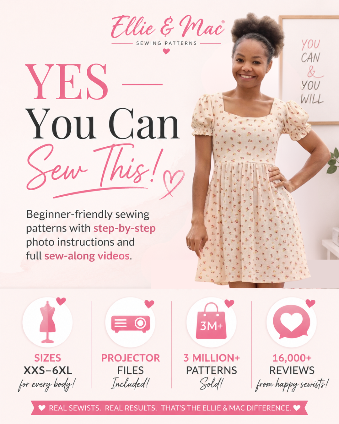 Ellie and Mac Sewing patterns are easy to use, beginner friendly, modern sewing patterns with a0, projector, print pattern files, video tutorials, and adjustment tutorials. PDF sewing patterns.