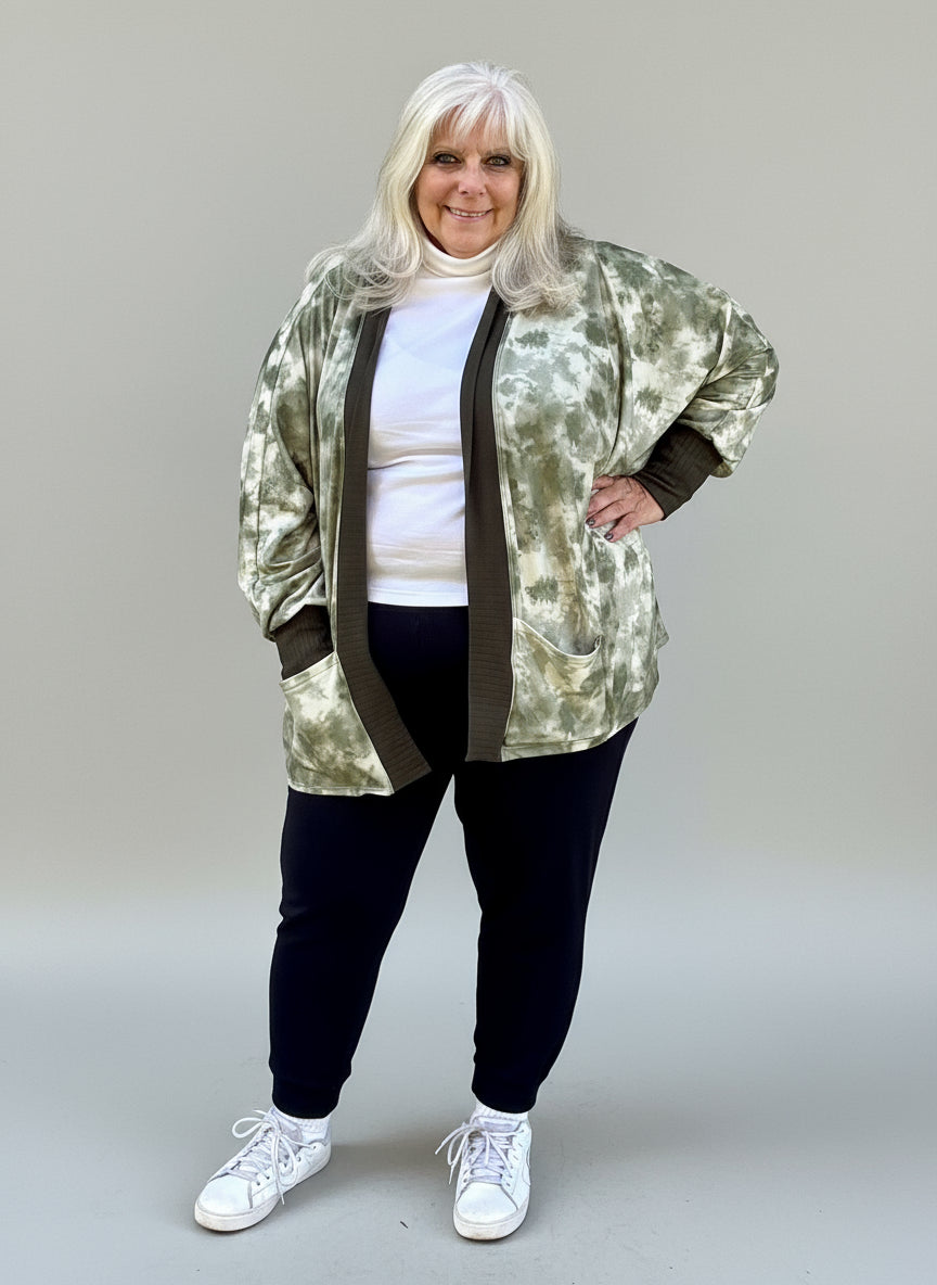 Model wearing Celeste Batwing Cardigan with joggers and tee