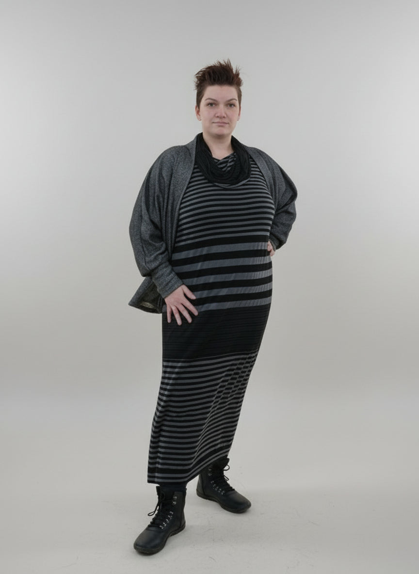 women wearing a knit fabric cardigan made from Ellie and Mac's pdf sewing pattern, Celeste Batwing Cardigan pattern.