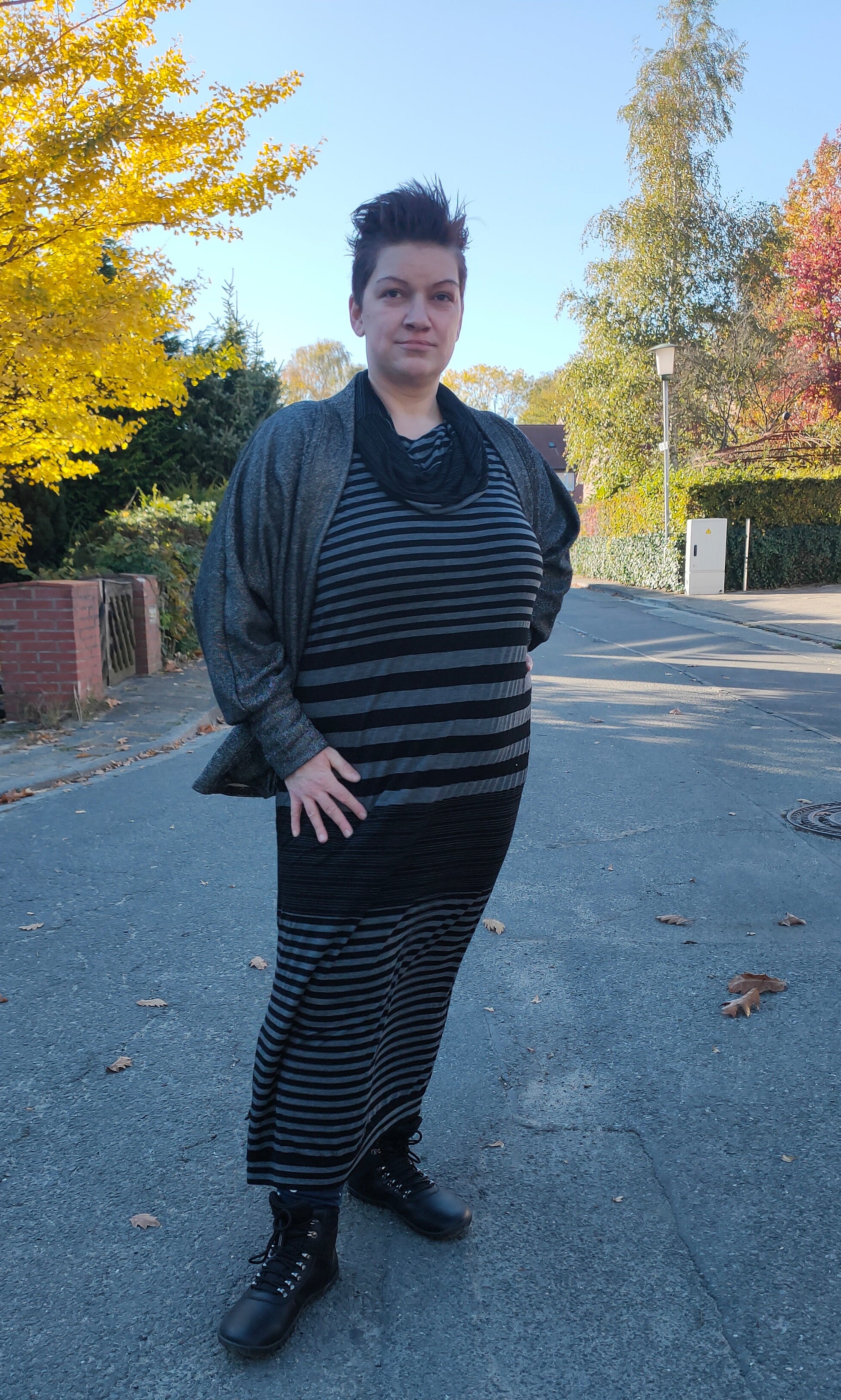 women wearing a knit fabric cardigan made from Ellie and Mac's pdf sewing pattern, Celeste Batwing Cardigan pattern.