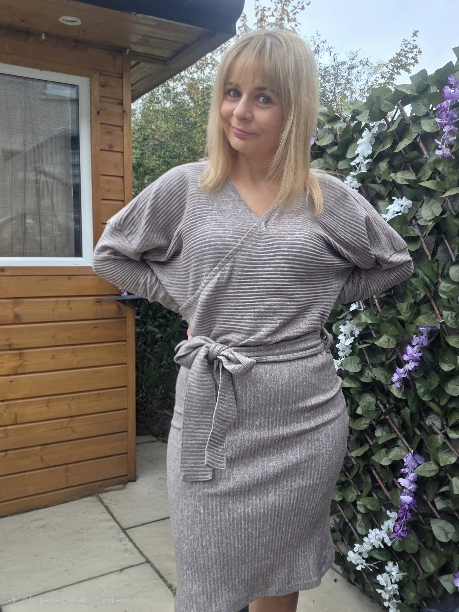 Woman wearing a gray dress standing outdoors next to a wooden building and greenery.