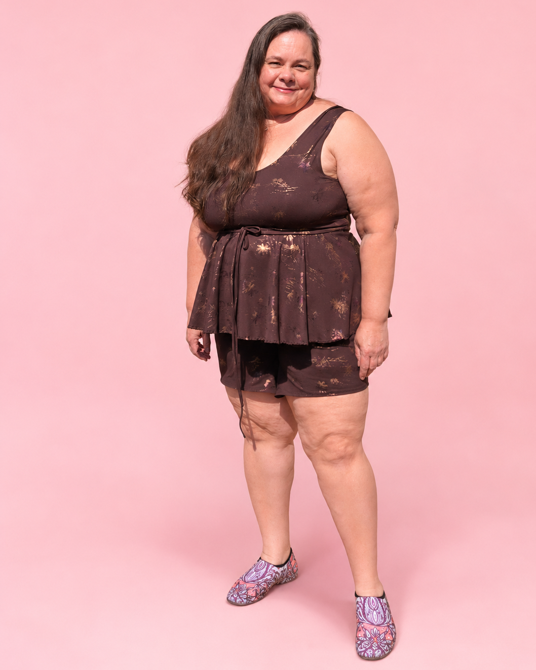 Modest Tankini and Ruched Shorts sewing pattern by Ellie and Mac PDF sewing patterns. Sizes xxs - 6xl included. Projector file, A0 file, A4 print file, Letter print file, video sew along tutorial, color photo step-by-step instructions, and fit alteration instructions included.