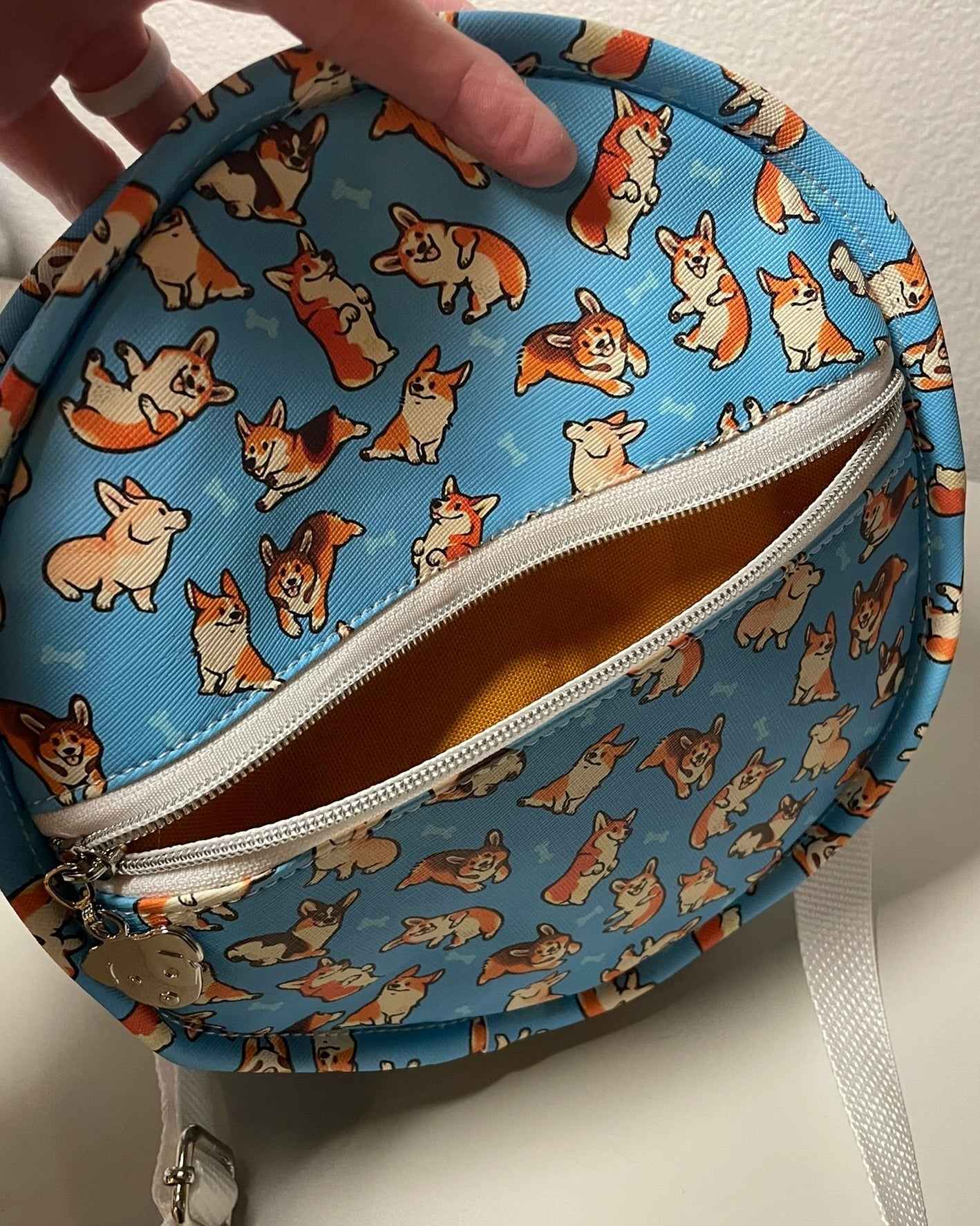 Round blue pouch with corgi pattern held by a hand on a white surface