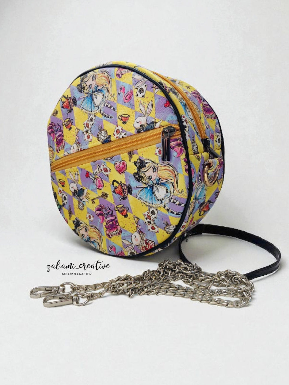 Round bag with colorful character pattern on a white background