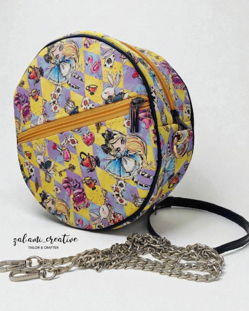 Round bag with colorful character pattern on a white background