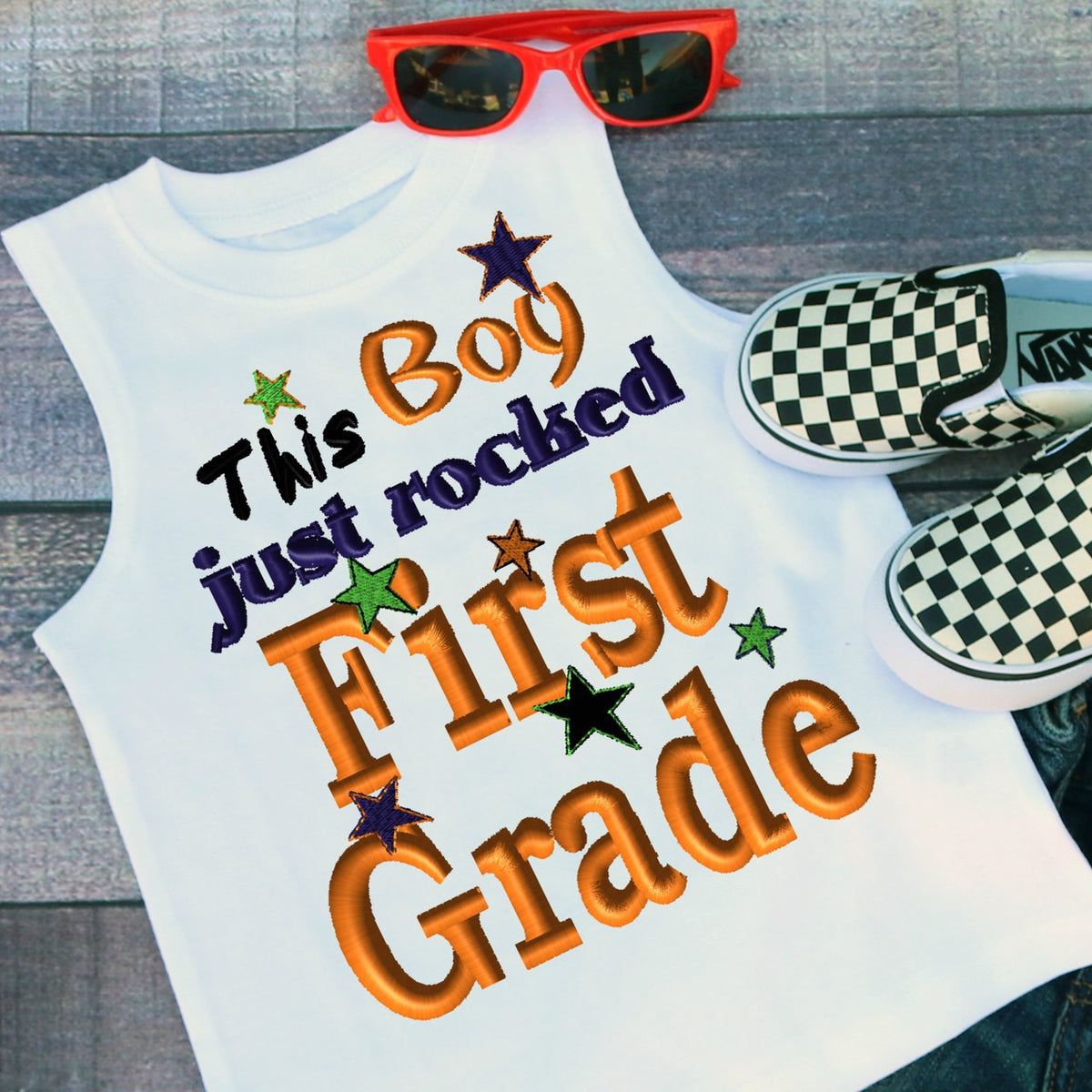 This Boy Just Rocked First Grade Applique Embroidery Design - Ellie and Mac, Digital (PDF) Sewing Patterns | USA, Canada, UK, Australia